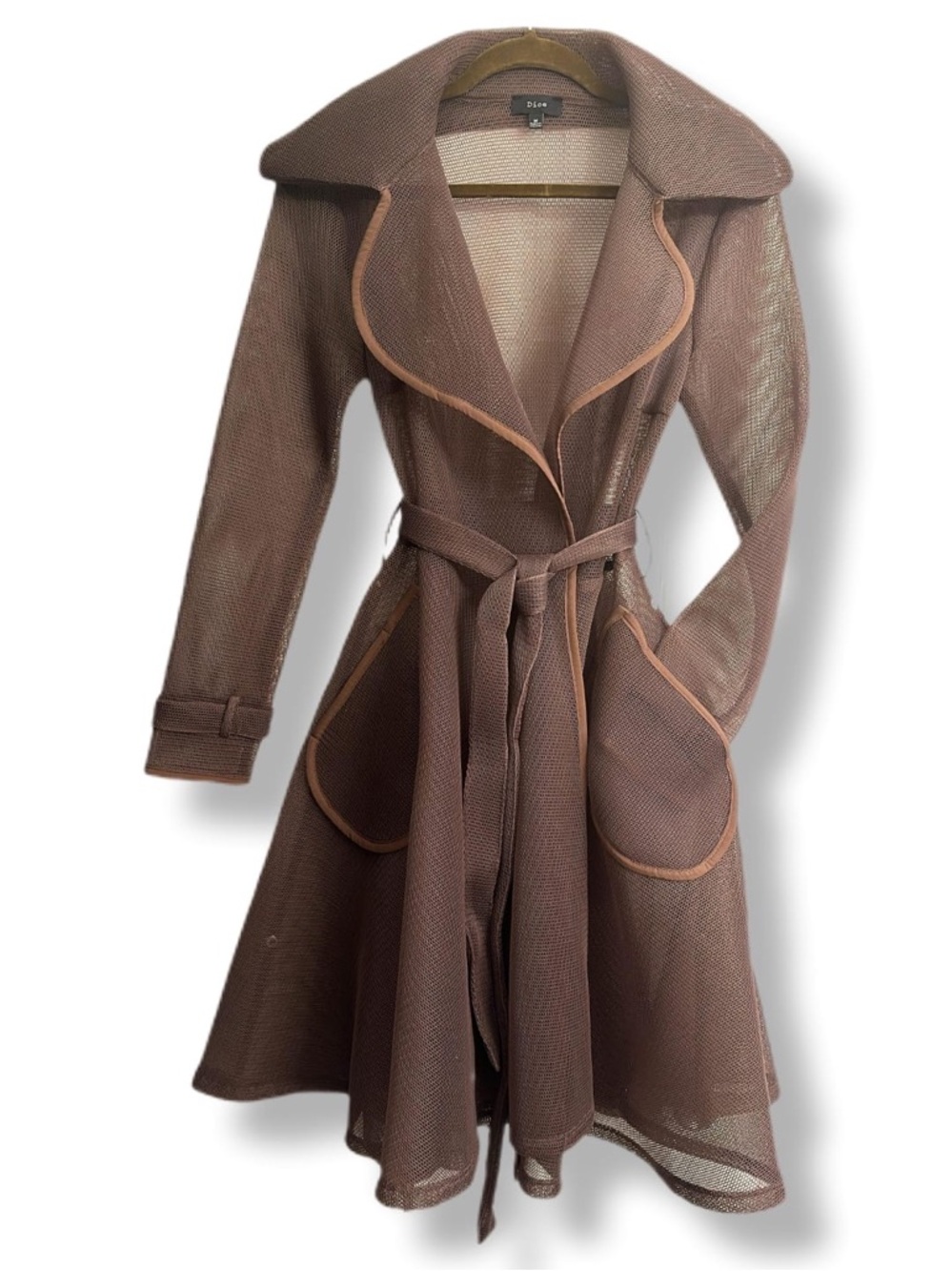 Brown Mesh Trench Coat – Belted Open Front Stretch | Women's Size: Medium - Picture 7 of 16